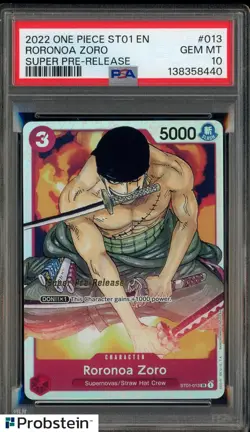 2022 One Piece ST01 EN Super Pre-Release #013 Roronoa Zoro PSA 10 GEM MINT - Image 1