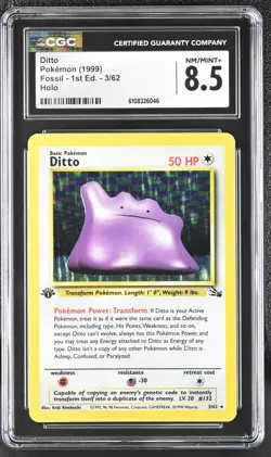 CGC 8.5 NM/MINT+ Ditto 1st Edition Fossil 3/62 Holo 1999 Pokemon Card - Image 1