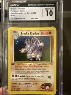 2000 Pokemon Brock's Rhydon Holo #2 Gym Heroes 1st Edition Gem Mint CGC 10 - Image 1