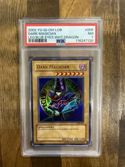 Graded PSA 7 2002 YU-GI-OH! LOB Dark Magician Leg. Blue Eyes Wht. Dragon #005 - Image 1