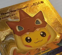 X 1 Gold- Pikachu Mega Charizard Pokemon Fan Art Card Cosplay Collectible - Image 1