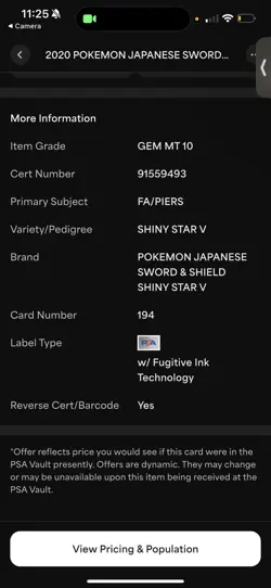 2020 POKEMON JAPANESE SWORD & SHIELD SHINY STAR V #194 FULL ART/PIERS PSA 10 - Image 3
