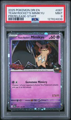 2025 POKEMON DRI EN-DESTINED RIVALS PRERELEASE-STAFF TEAM ROCKET'S MIMIKYU PSA 9 - Image 1