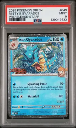 2025 POKEMON DRI EN-DESTINED RIVALS PRERELEASE-STAFF #049 MISTY'S GYARADOS PSA 9 - Image 1