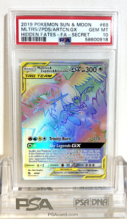 2019 POKEMON HIDDEN FATES SECRET FULL ART MOLTRES ZAPDOS & ARTICUNO GX 69 PSA 10 - Image 1