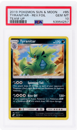 2019 Pokemon Sun and Moon Team Up Tyranitar Reverse Holo #85 PSA 10 - Image 1