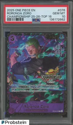 2025 ONE PIECE ENGLISH #076 RORONOA ZORO CHAMPIONSHIP 25-26 TOP 16 PSA 10 GEM MT - Image 1