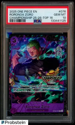 2025 One Piece OP09-076 Roronoa Zoro Top 16 Regional Championship Card PSA 10 - Image 1