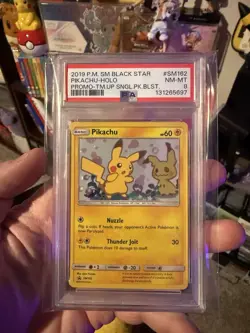 2019 Team Up Black Star Promo Pikachu Ft. Mimikyu PSA 8🔥 Swirl In Holo✨SM162 - Image 1