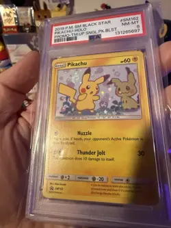 2019 Team Up Black Star Promo Pikachu Ft. Mimikyu PSA 8🔥 Swirl In Holo✨SM162 - Image 2