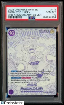 2025 ONE PIECE OP11 MONKEY D LUFFY 3RD ANNIVERSARY SILVER OP05-119 PSA 10 - Image 1