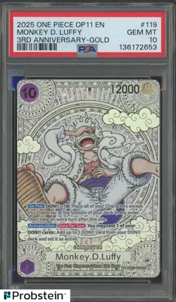 2025 ONE PIECE OP11 #119 EN MONKEY.D.LUFFY 3RD ANNIVERSARY GOLD PSA 10 GEM MINT - Image 1