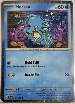Fart Super Swirls 🌀 Horsea Cosmos Holo Heavily Bleed Error 010/064 Rare Pokemon - Image 1