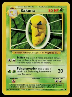 Pokemon Card Base Set Unlimited Kakuna 33/102 Uncommon - Image 1