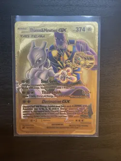 2024 Pokemon Gold Foil Fan Art BASIC Thanos & Mewtwo GX HP374 Pokemon - Image 1
