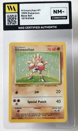 Pokemon Hitmonchan Holo Base Set Unlimited 7/102 WAG Certified Nm- 🔥 - Image 1