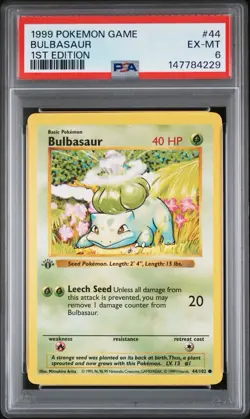 1999 Pokemon Game Base Set 1st Edition (Shadowless) #44 Bulbasaur - PSA 6 EX-MT - Image 1