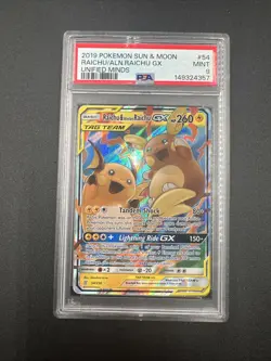 Raichu & Alolan Raichu GX 2019 Pokemon Sun Moon Unified Minds #54 PSA 9 Mint - Image 1