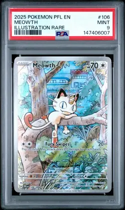 2025 POKEMON PFL EN-PHANTASMAL FLAMES ILLUSTRATION RARE #106 MEOWTH PSA 9 - Image 1