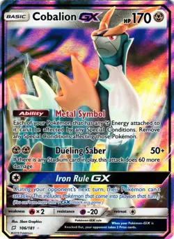 Pokemon TCG Cobalion GX Sun & Moon Team Up 106/181 Holo Ultra Rare NM - Image 1