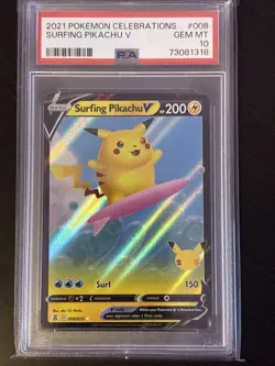 PSA 10 GEM MT - 2021 POKEMON CELEBRATIONS #008 SURFING PIKACHU V - Image 1