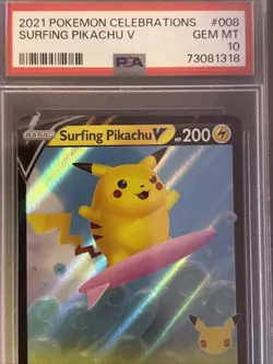 PSA 10 GEM MT - 2021 POKEMON CELEBRATIONS #008 SURFING PIKACHU V - Image 3