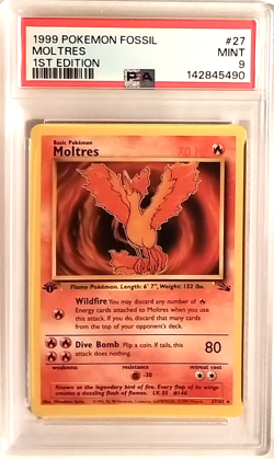 MOLTRES 1999 POKEMEN FOSSIL 1ST EDITION RARE NON HOLO CARD 27/62 - PSA MINT 9 - Image 1