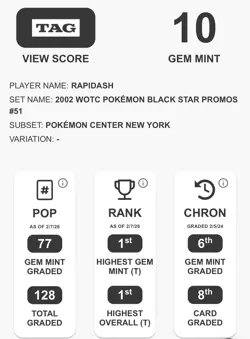 GEM MINT 10 Rapidash #51 Pokemon Center NY Black Star Promo Card WOTC POP 77 TAG - Image 4