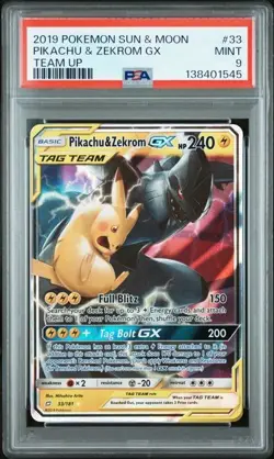 2019 POKEMON SUN & MOON TEAM UP #33 PIKACHU & ZEKROM GX PSA 9 - Image 1