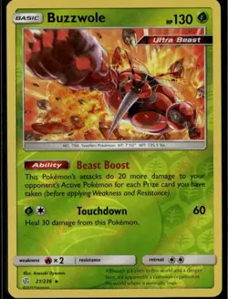 Buzzwole Holo Rare SM Cosmic Eclipse 21/236 Grass Reverse Holo Pokemon Card - Image 1