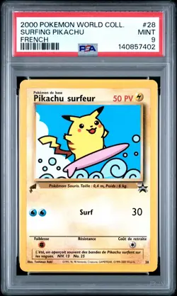 2000 POKEMON PIKACHU WORLD COLL FRENCH #28 SURFING PIKACHU PSA 9 - Image 1