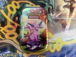 POKEMON PRISMATIC EVOLUTIONS ESPEON EMPTY TIN + COIN STICKER NO PACKS INCLUDED - Image 1