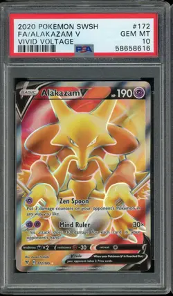 2020 POKEMON SWSH #172 FULL ART ALAKAZAM V GEM MT PSA 10 VIVID VOLTAGE - Image 1