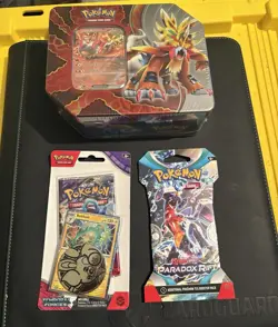 Pokemon Sealed Cards Lot Paradox Destiny Tin Plus 2 Bonus Sealed Packs - Image 1