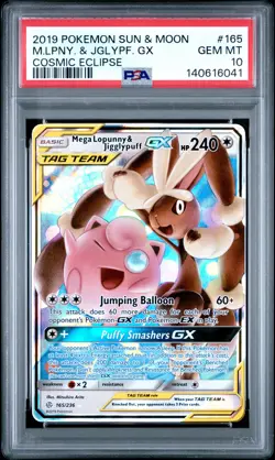 2019 POKEMON SUN & MOON COSMIC ECLIPSE #165 MEGA LOPUNNY & JIGGLYPUFF GX PSA 10 - Image 1