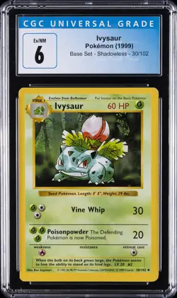 1999 POKEMON BASE SET SHADOWLESS #30/102 IVYSAUR CGC 6 - Image 1