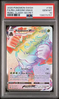 Pokemon PSA 10 GEM MT Rillaboom VMAX 193/192 Rebel Clash Secret Rare Holo S#3363 - Image 1
