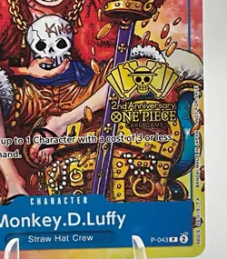 2024 One Piece Monkey.D.Luffy P-043 2nd Anniversary Stamped Convention Promo TCG - Image 3