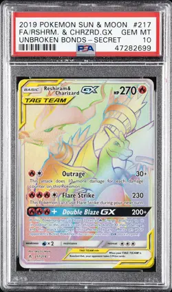 2019 POKEMON SUN & MOON UNBROKEN BONDS FULL ART/RESHIRAM & CHARIZARD GX PSA 10 - Image 1