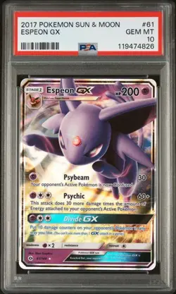 2017 Pokemon Espeon GX Sun & Moon Holo Ultra Rare #61 PSA 10 - Image 1
