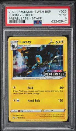 PSA 9 2020 Pokemon SWSH #023 LUXRAY Holo Prerelease Staff Stamp Black Star Promo - Image 1