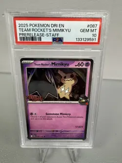 POKEMON 2025 DESTINED RIVALS TEAM ROCKET'S MIMIKYU STAFF PROMO 087/182 PSA 10 - Image 1