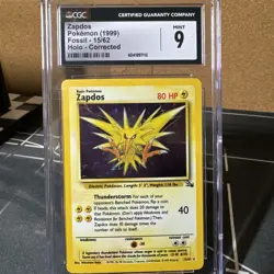 1999 Pokemon Fossil Corrected Foil #15 Zapdos Holo CGC 9 Near Mint WOTC Vintage - Image 1