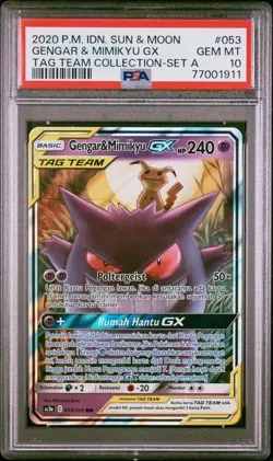 PSA 10 Gem Mint Gengar & Mimikyu GX #53 Tag Team Pokemon Card Indonesian - Image 1