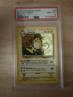 2000 Pokemon Raichu 16/130 Base Set 2 Rare Holo PSA 8 NM - Image 1