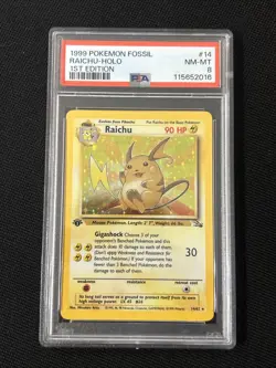 Pokemon Raichu 14/62 (1st Edition) Fossil Holo (Fresh Grade) *PSA 8* - Image 1