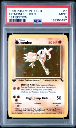 1999 POKEMON FOSSIL 1ST EDITION #7 HITMONLEE-HOLO PSA 9 #7 - Image 1