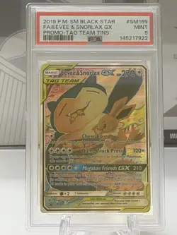 Pokemon Eevee & Snorlax GX Tag Team Tins Black Star Full Art Promo SM169 PSA 9 - Image 1