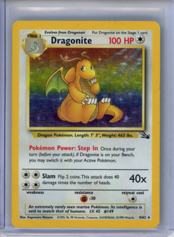 1999 Pokemon Fossil Dragonite Holo Unlimited #4 MP VG Vintage Holographic WOTC - Image 1