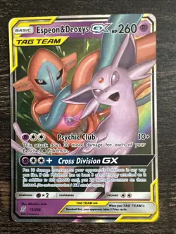 Espeon & Deoxys GX Ultra Rare 72/236 Sm-Unified Minds Holo Basic Pokemon TCG - Image 1
